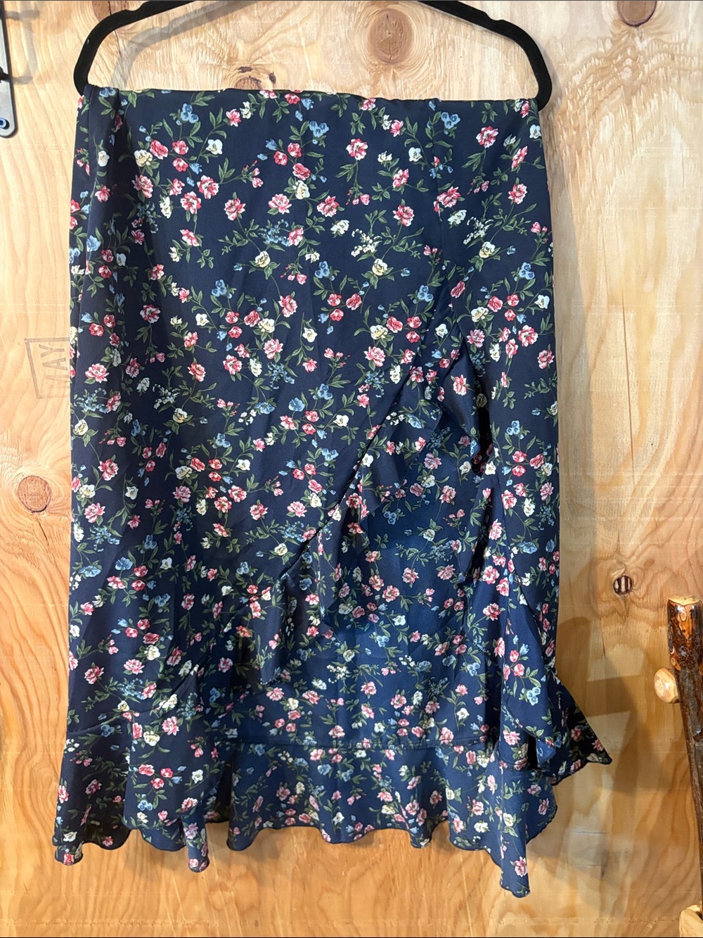 SHEIN Floral Navy Wrap Midi Skirt With asymmetrical Front Hem